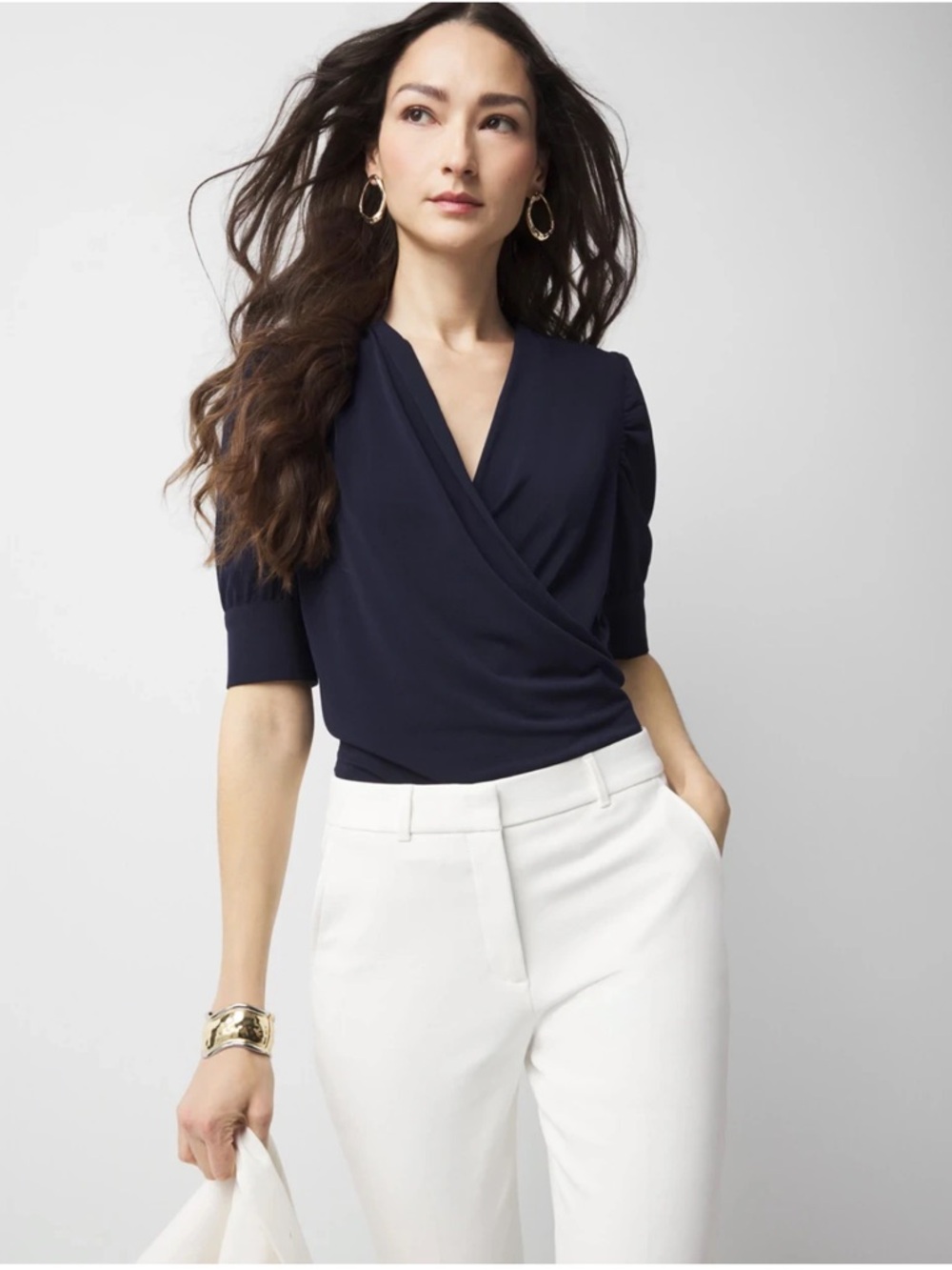 WHBM White House Black Market Ruched-Sleeve Wrap Surplice Top Navy Blue Size S